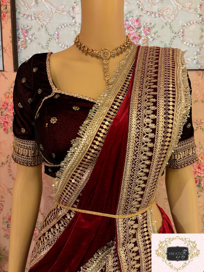 Maroon Velvet Banno Saree