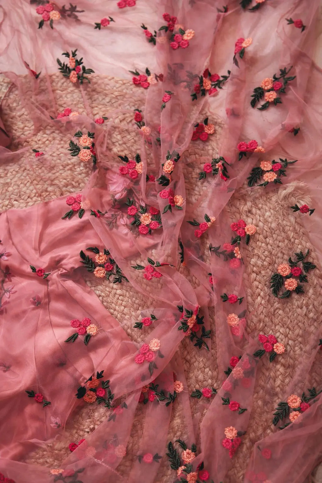 Peach Bouquet of Flowers Net Saree Kreation by KJ