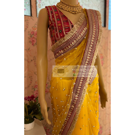 Yellow Jugnoo Banno Saree kreationbykj