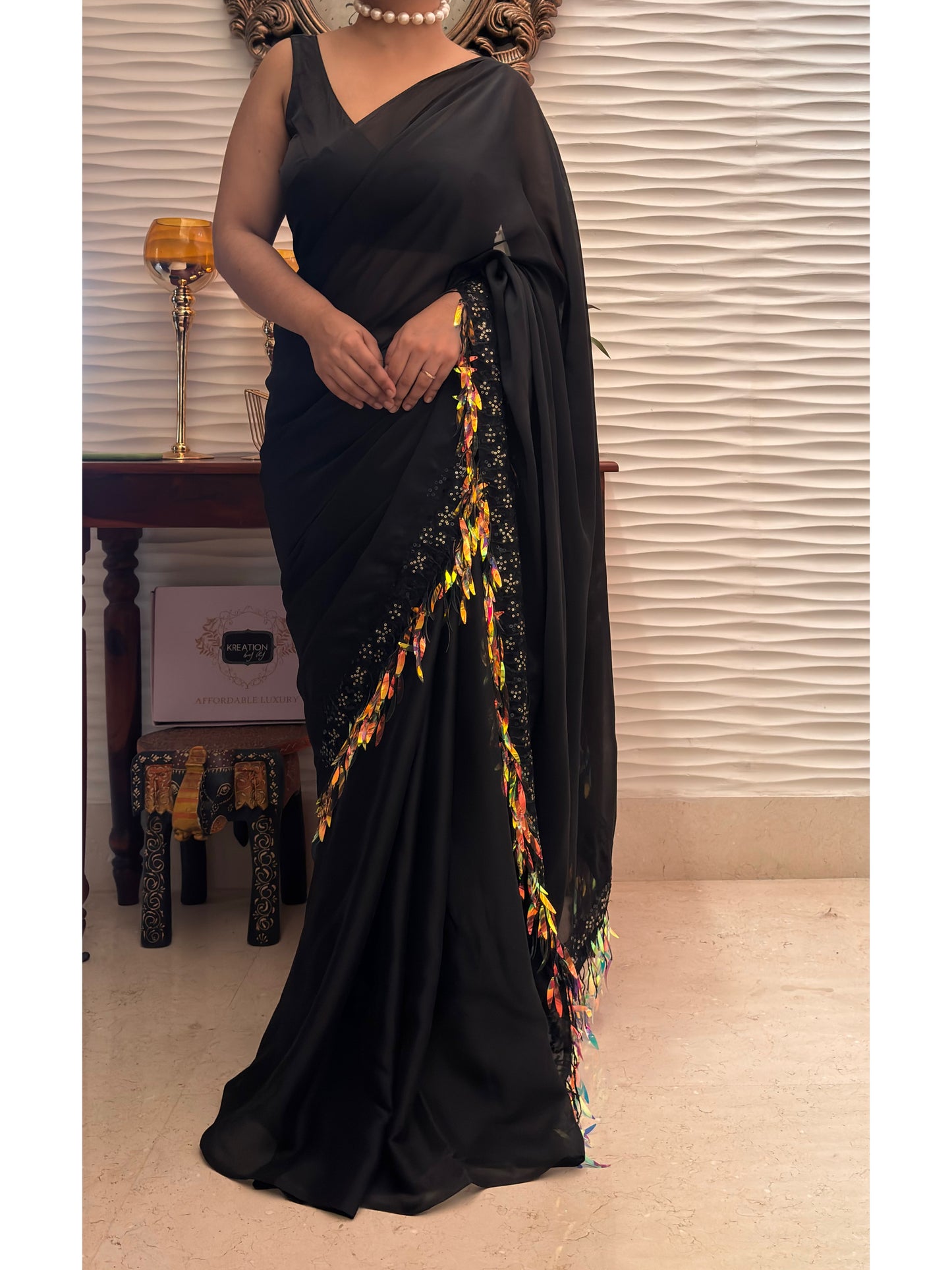 Midnight Black Fringe Dazzle Saree