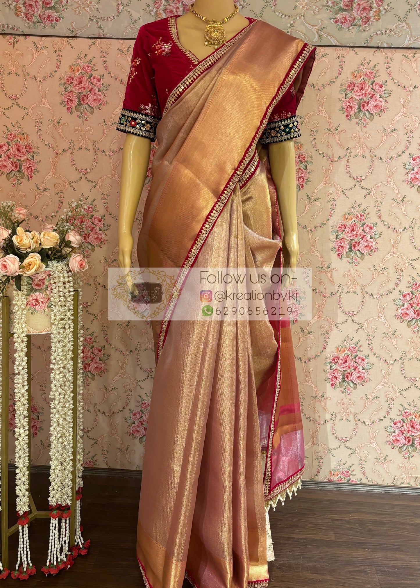 Dusty Pink Tissue Saree with Hand made Tassels in Pallu