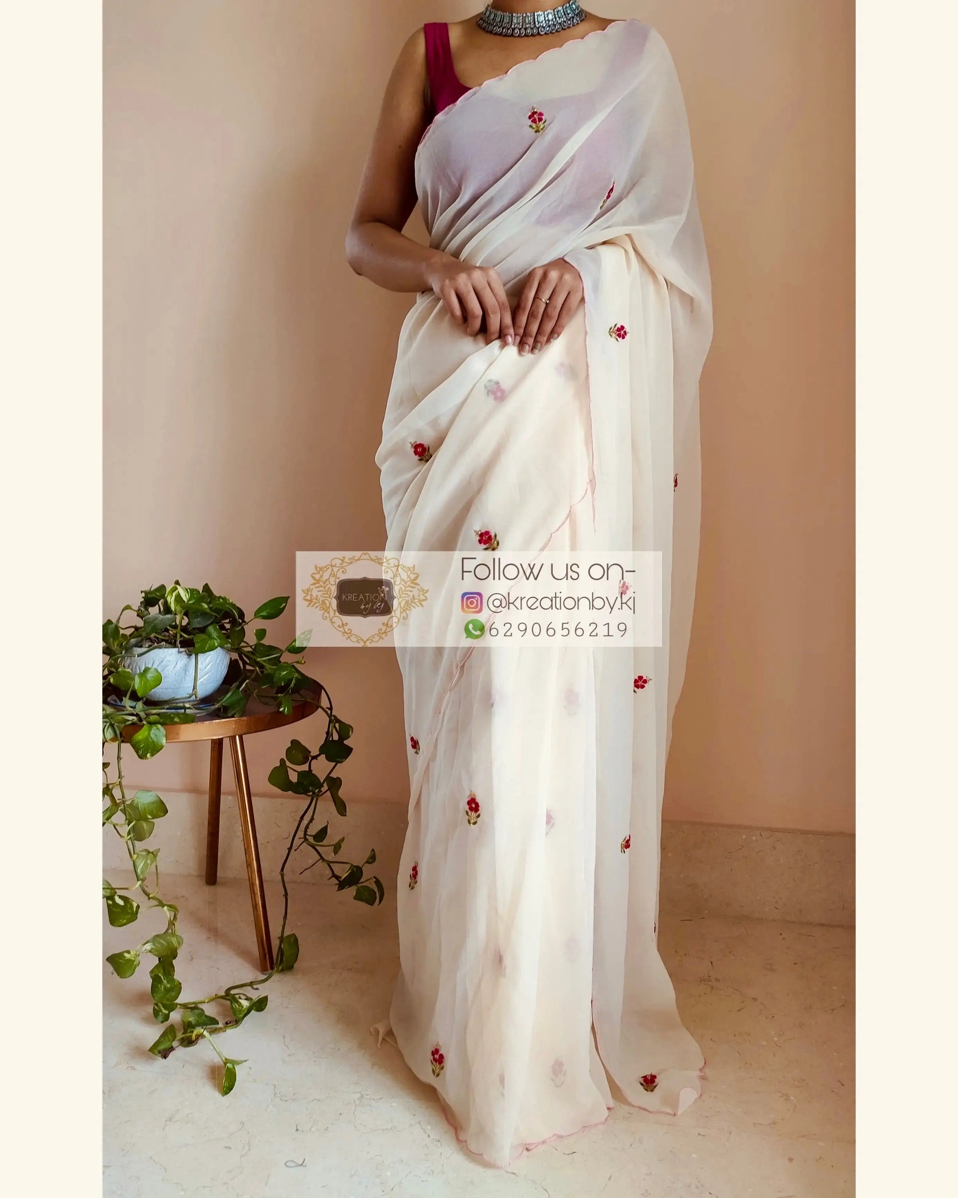Off White Georgette Periwinkle Saree kreationbykj.in