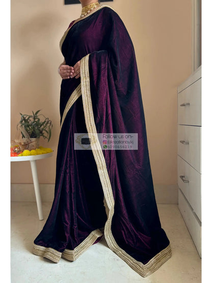 Dark Wine Velvet Saree with Golden Border kreationbykj
