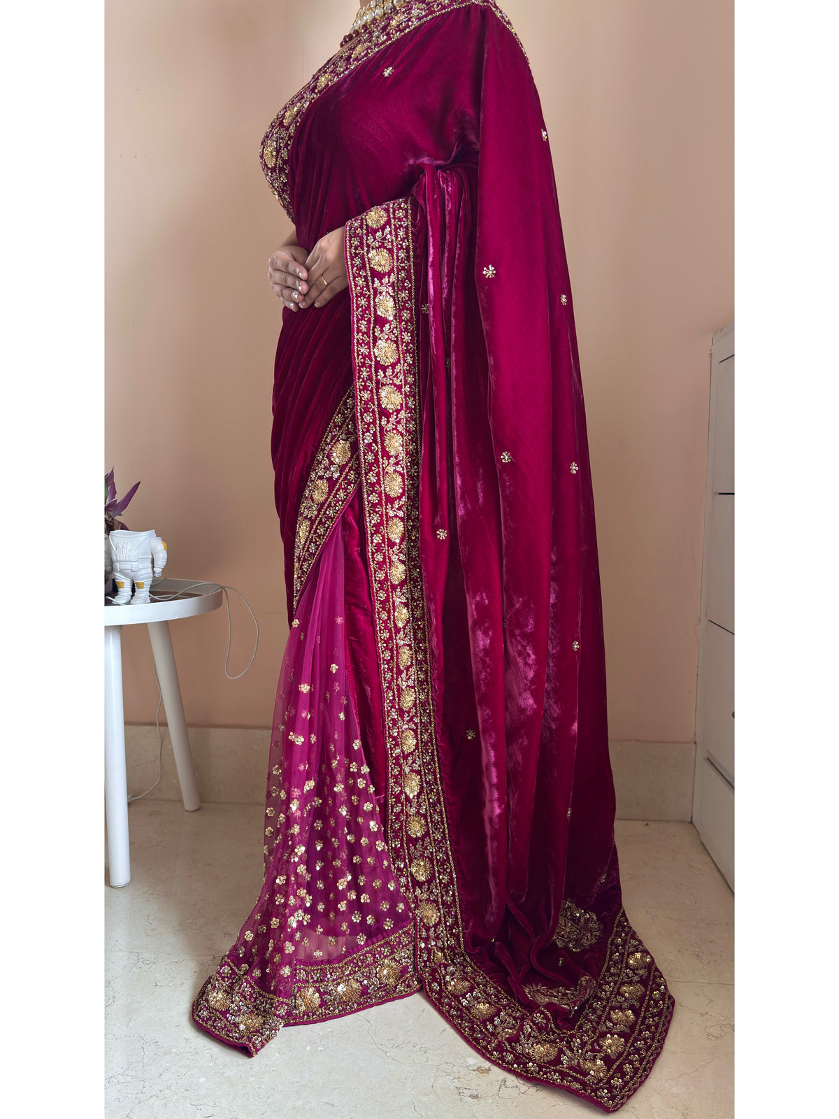 Purple Wine Vows in Velvet Saree
