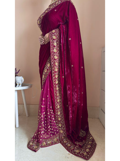 Purple Wine Vows in Velvet Saree