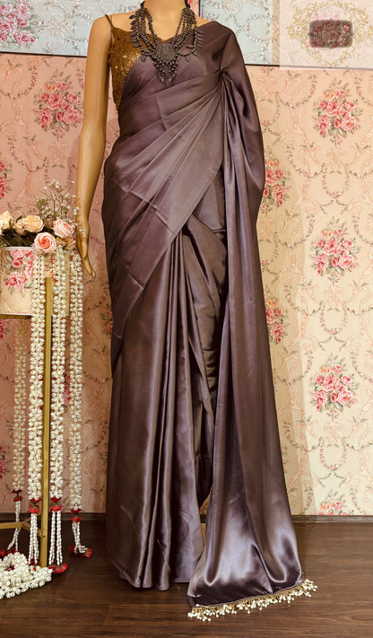 Purple Mauve Satin Silk Saree with Handmade Tassels on Pallu