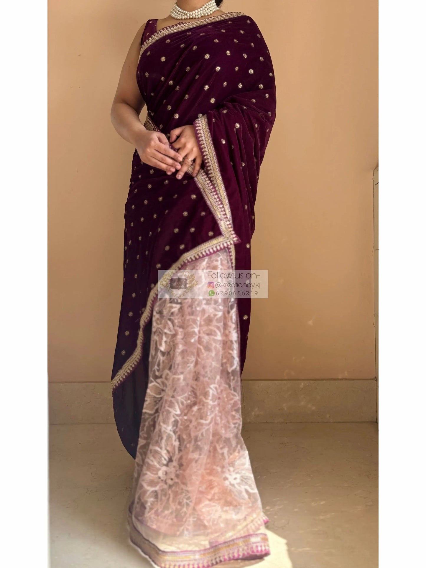 Purple Wine Velvet And Net Embellished Saree Kreation by KJ