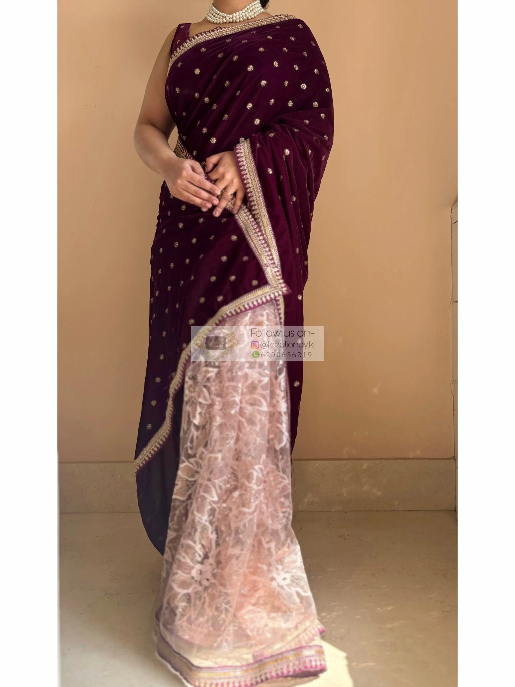Purple Wine Velvet And Net Embellished Saree Kreation by KJ