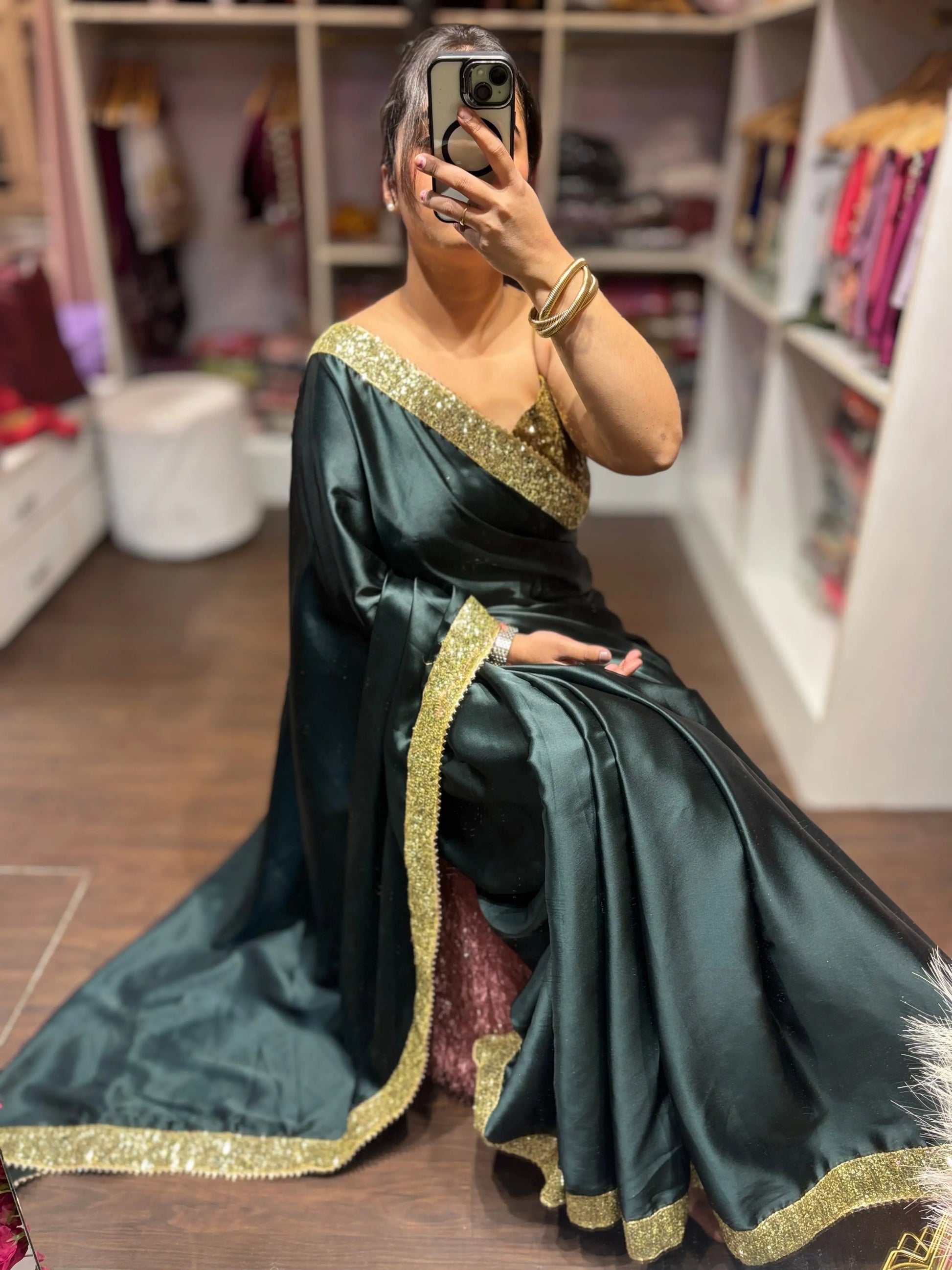 Dark Green Satin Silk Saree with Golden Shimmer Border Kreation by KJ