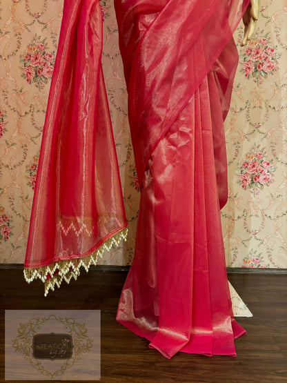 Rose Pink Tissue Net Saree