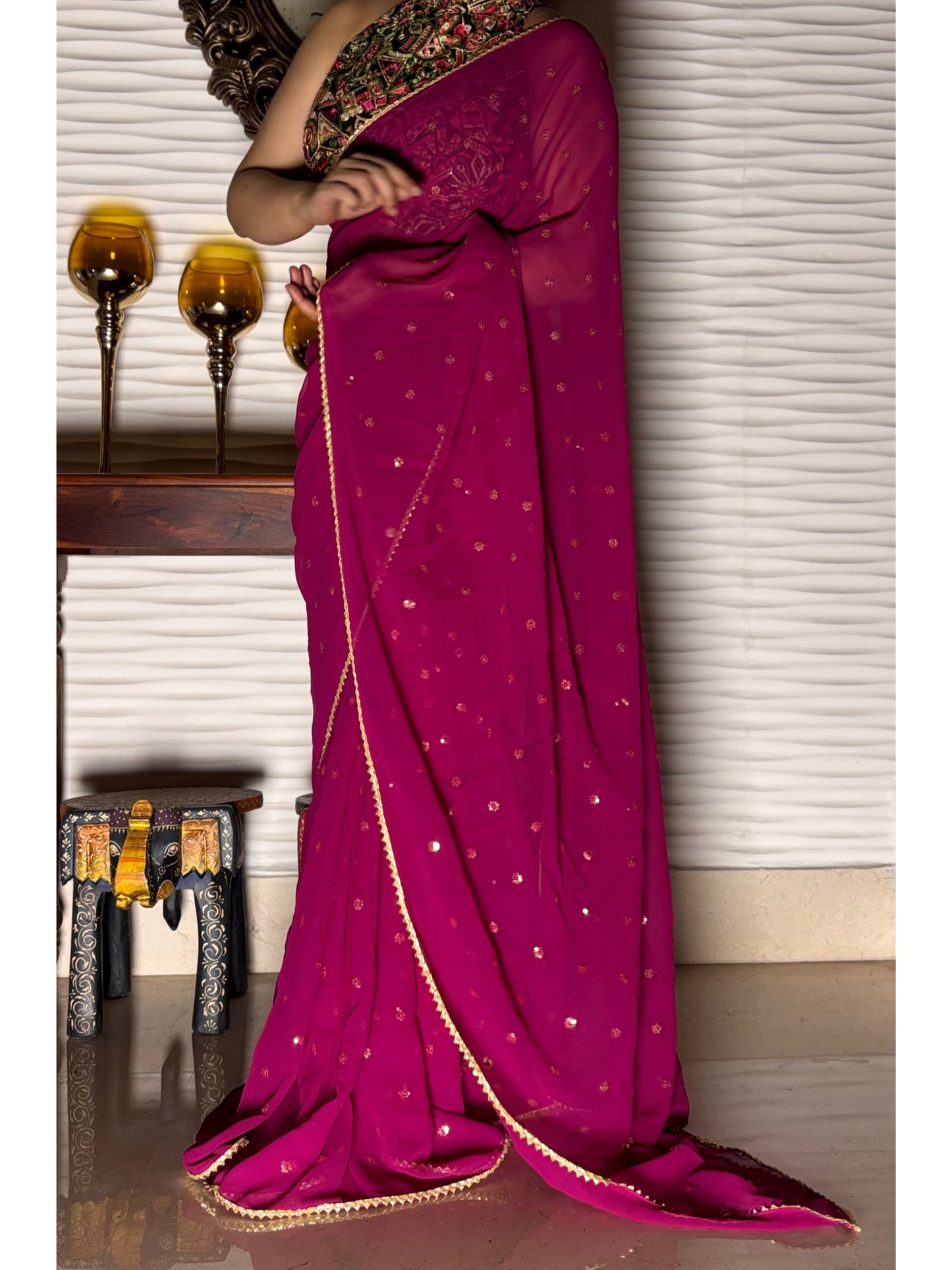 Wine Georgette Sequin Embellished Saree
