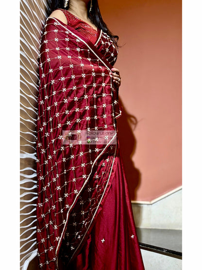 Maroon Georgette Cutdana Jaal Saree kreationbykj