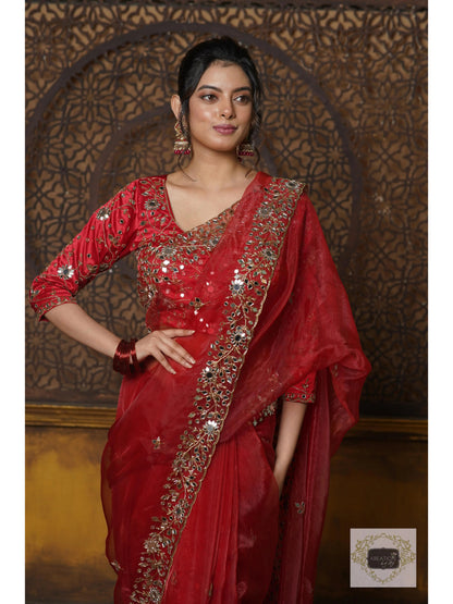 Red Glass Tissue Sheesh Mahal Saree