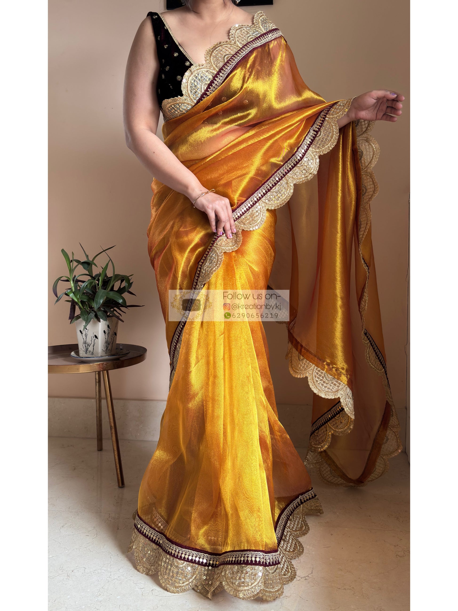 Fiery Gold Zari Tissue Mehraab Border Saree kreationbykj