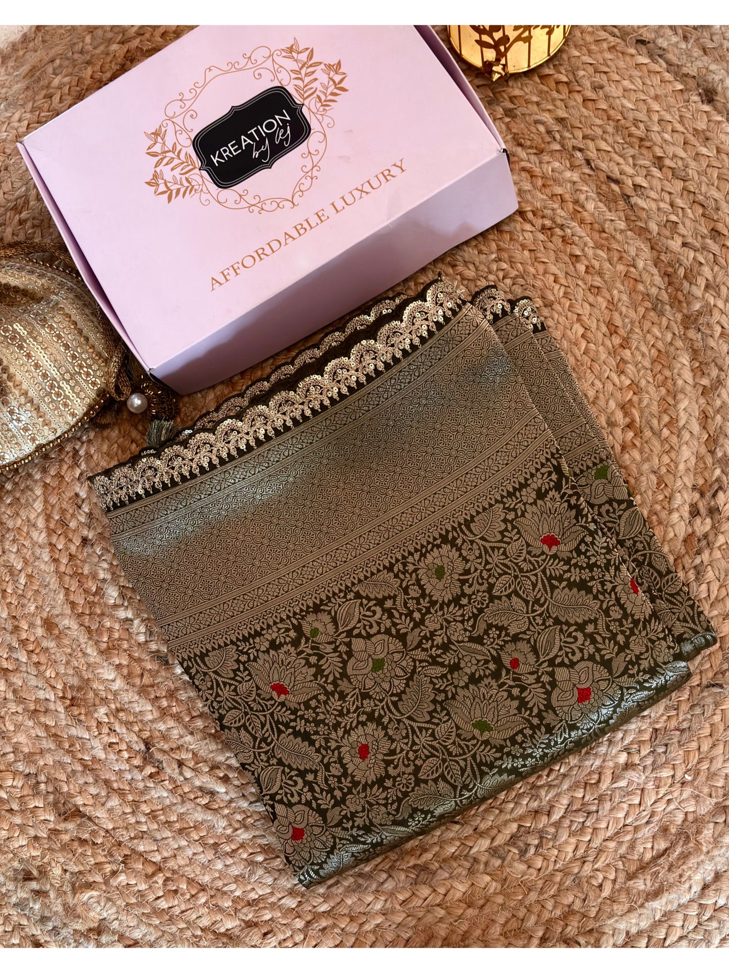 Mehndi Green Minakari Banarasi Saree With Antique Zari Work