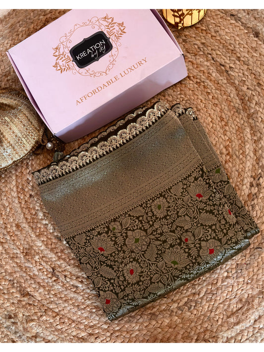 Mehndi Green Minakari Banarasi Saree With Antique Zari Work