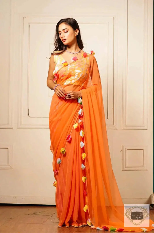 My Sassy Girl Orange Net Saree Kreation by KJ