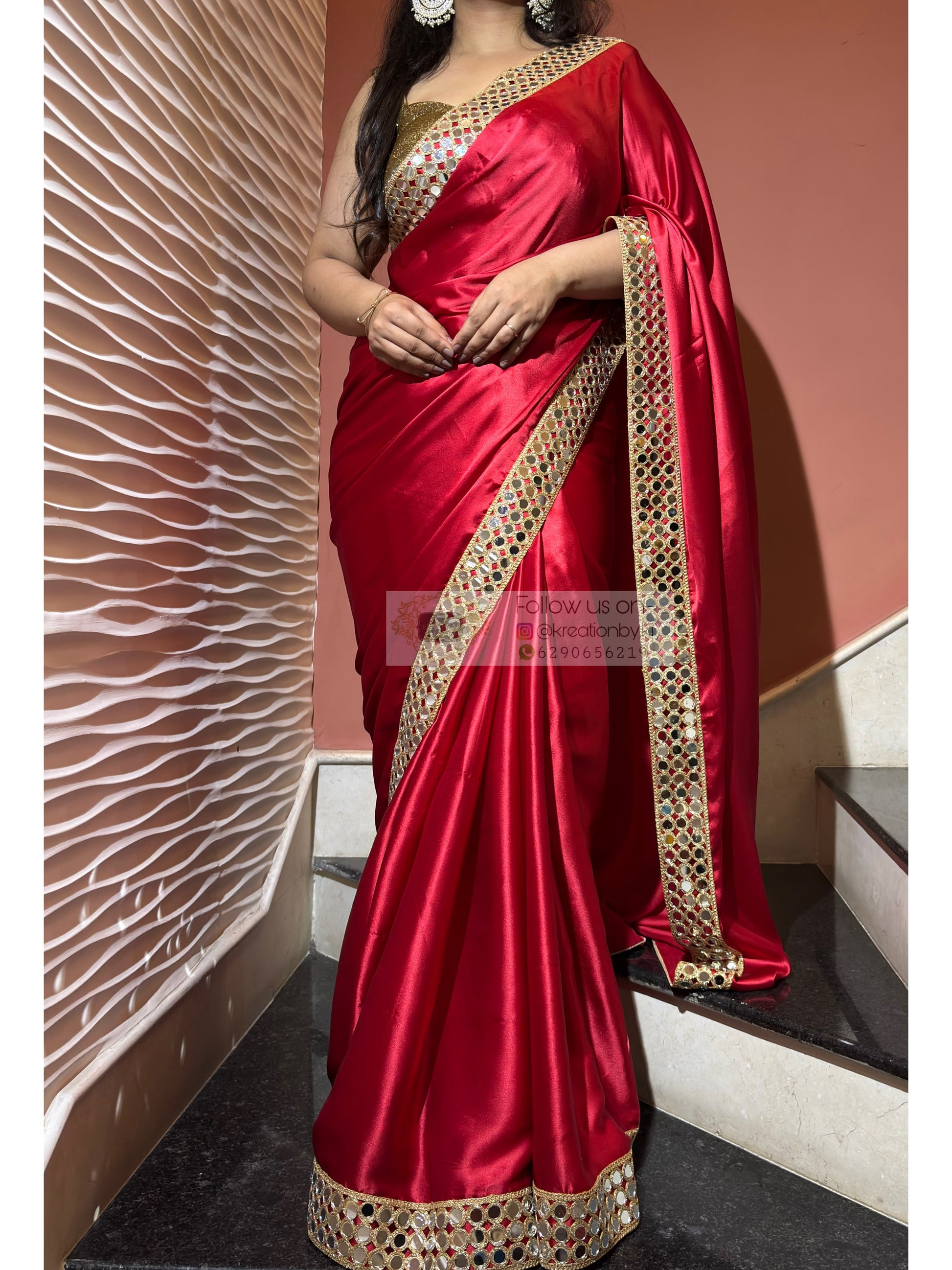 Crimson Red  Satin Silk Saree with Mirror Border kreationbykj