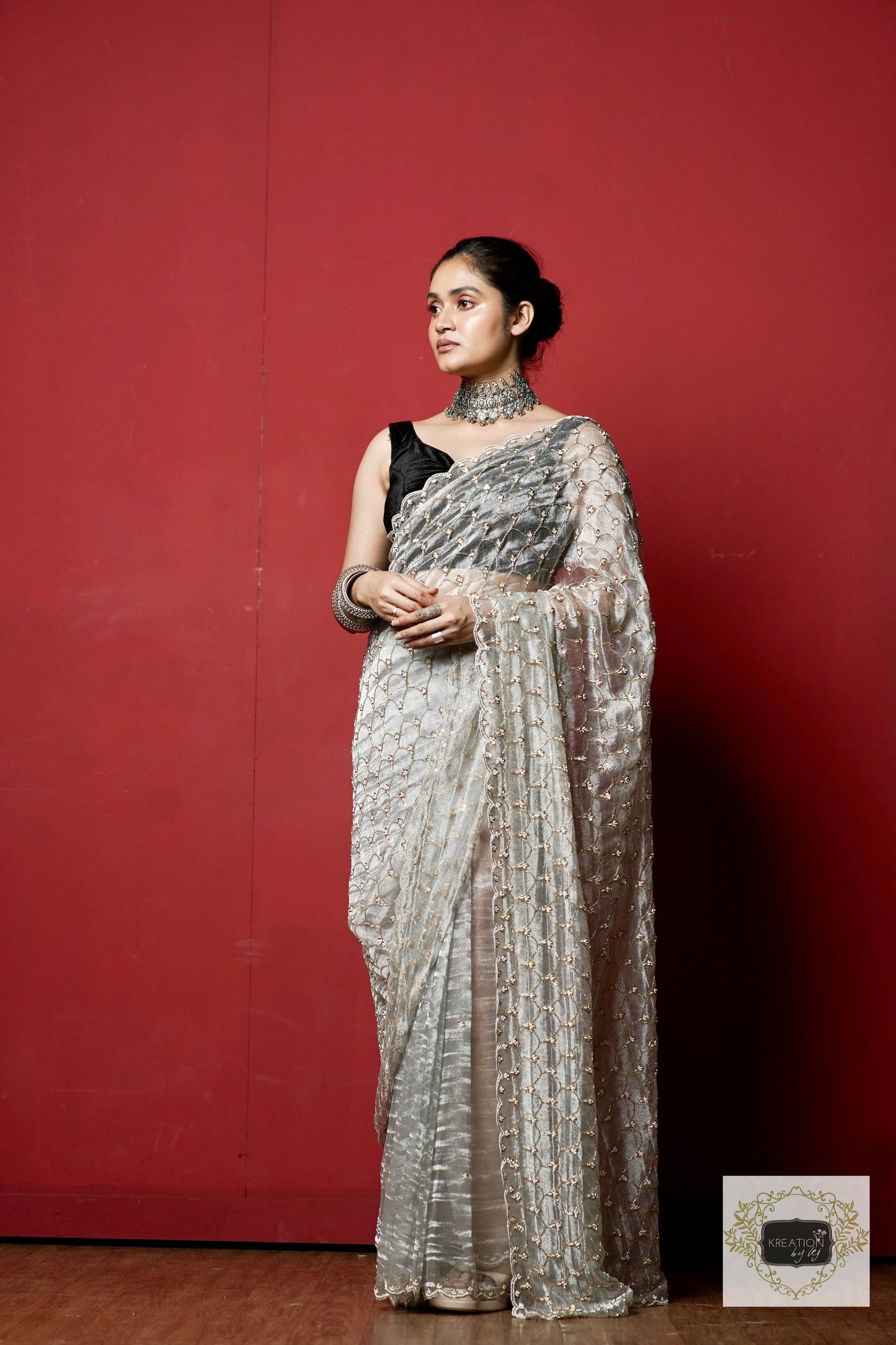 Silver Tissue Mehraab Jaal Saree