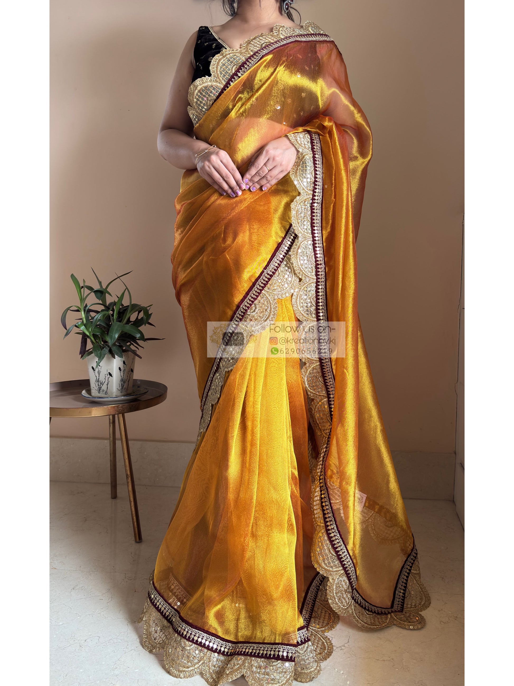 Fiery Gold Zari Tissue Mehraab Border Saree kreationbykj