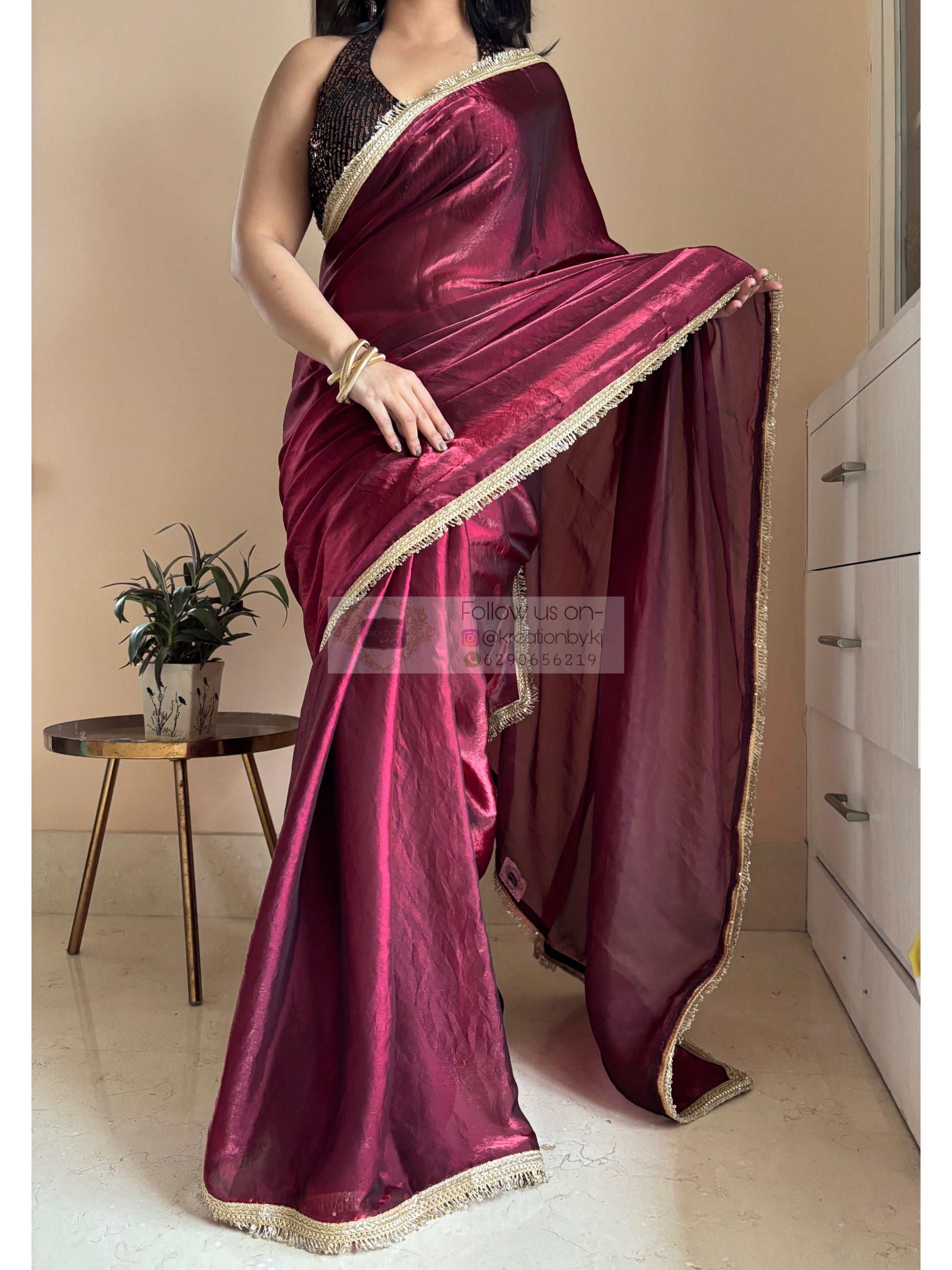 Cheery Wine Metallic Shimmer satin Banno Saree kreationbykj