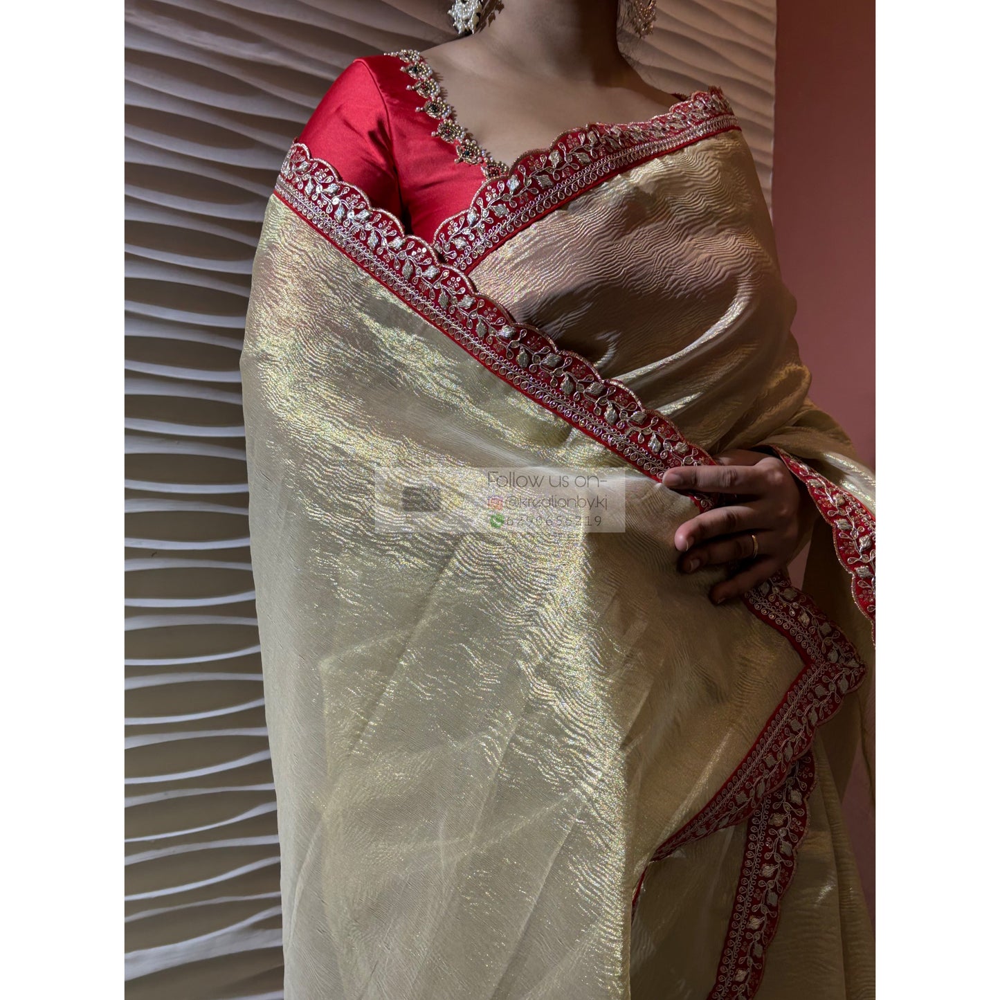 Golden Beige Crushed Tissue Saree with Red Border kreationbykj