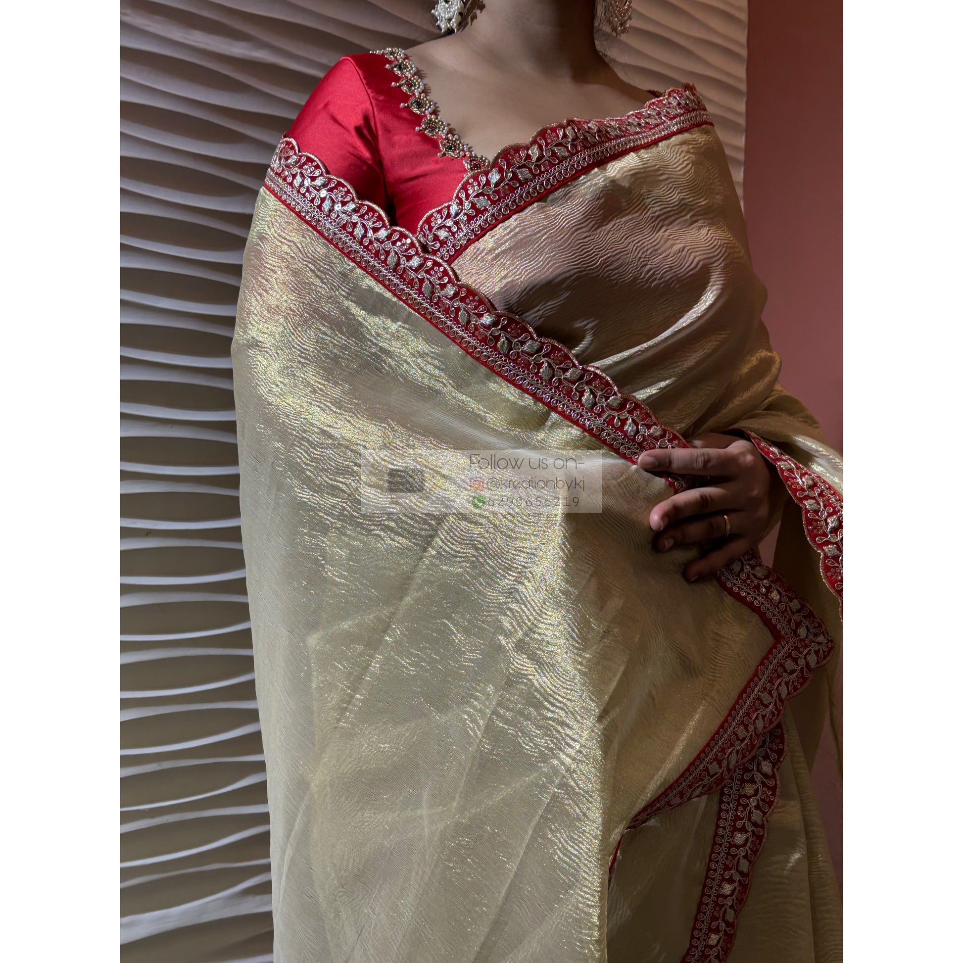 Golden Beige Crushed Tissue Saree with Red Border kreationbykj
