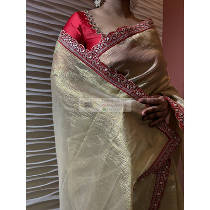 Golden Beige Crushed Tissue Saree with Red Border kreationbykj