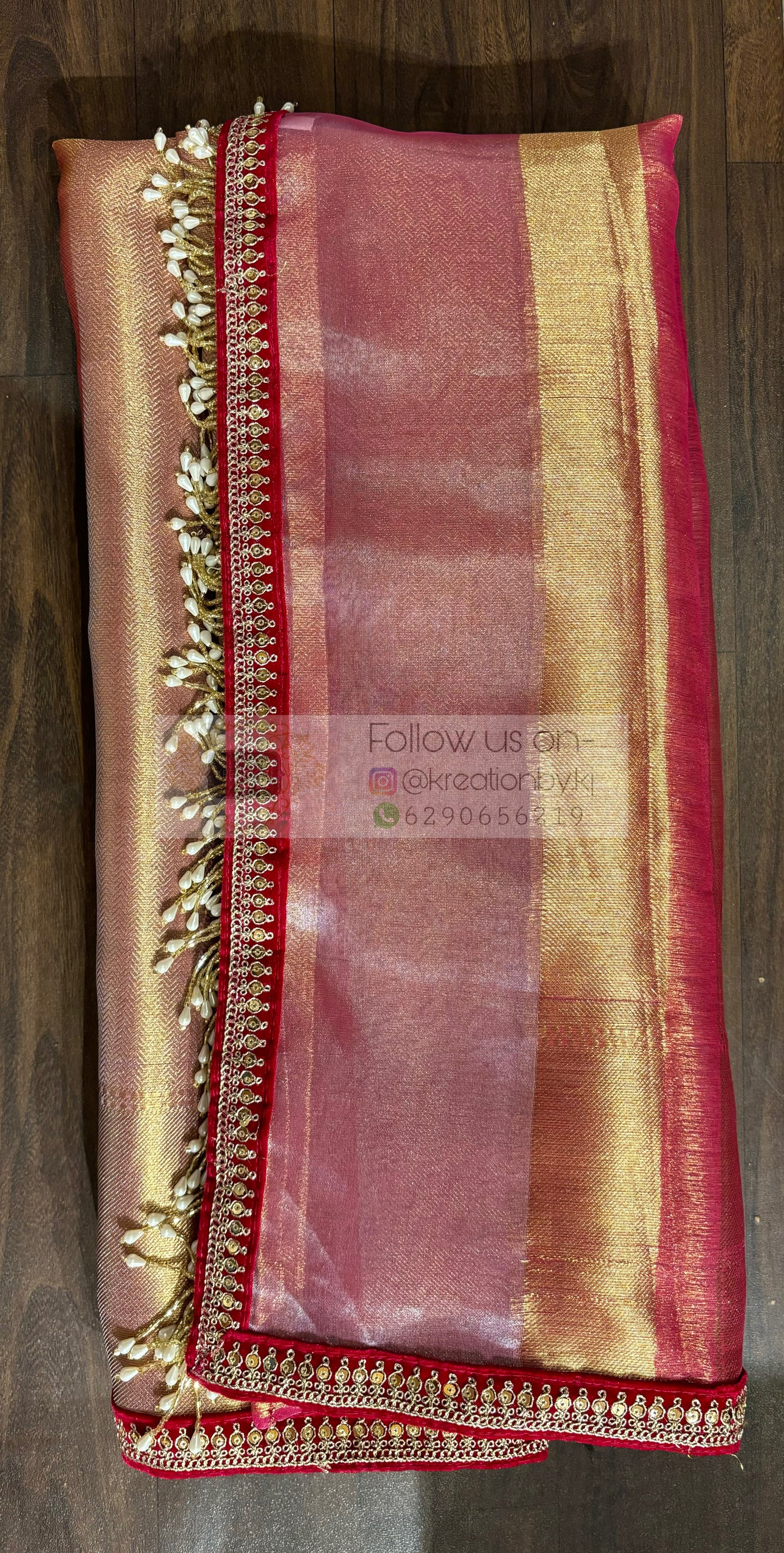 Dusty Pink Tissue Saree with Hand made Tassels in Pallu