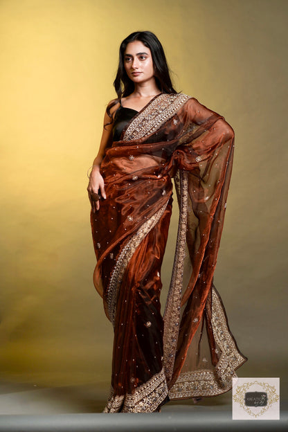 Nazakat Copper Glass Tissue Saree