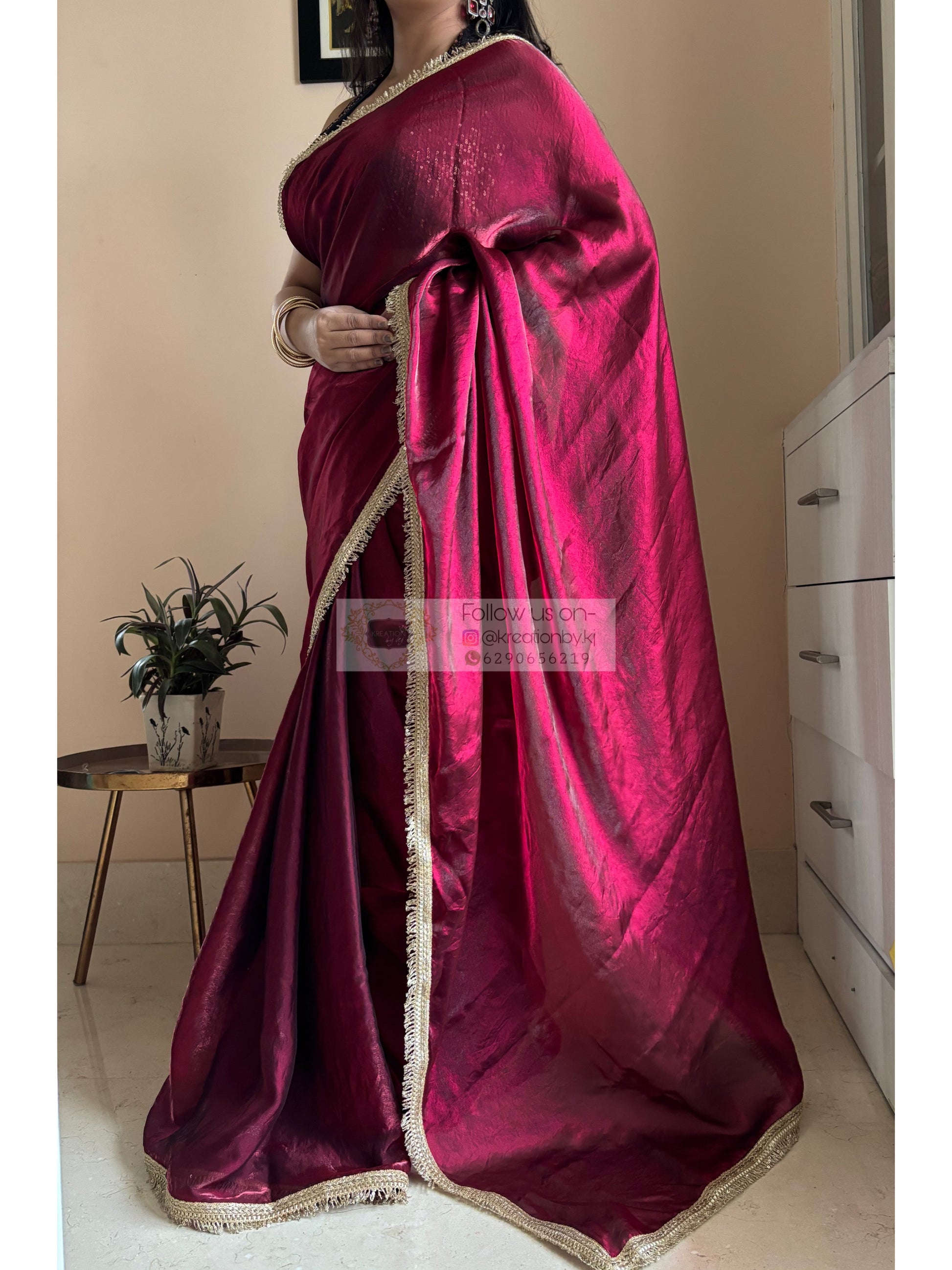 Cheery Wine Metallic Shimmer satin Banno Saree kreationbykj