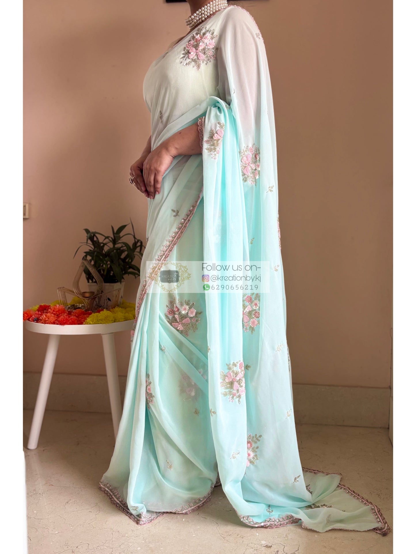 Powder Blue Floral Symphony Saree Kreation by KJ