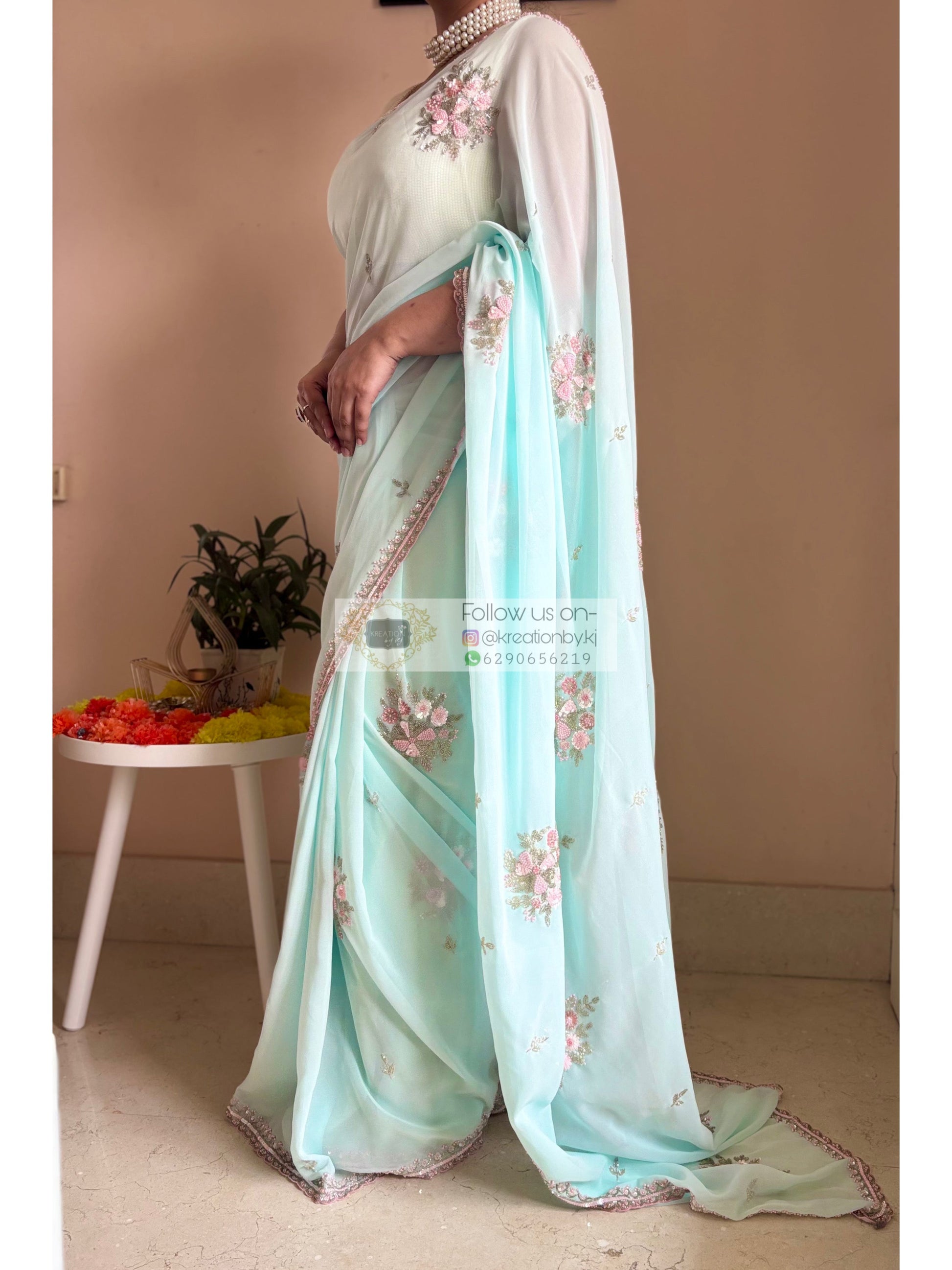 Powder Blue Floral Symphony Saree Kreation by KJ