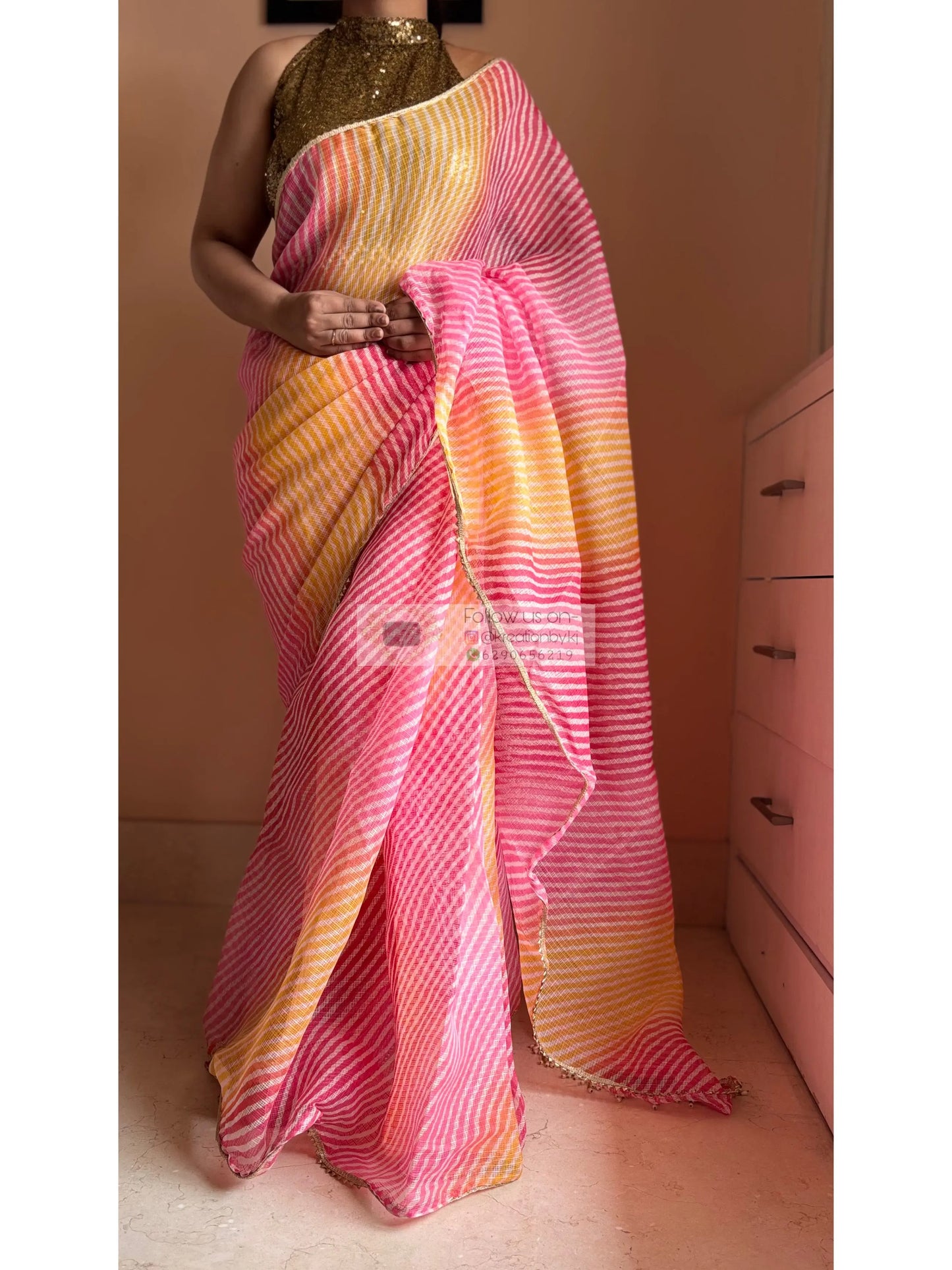 Pink Yellow Leheriya Ombre Saree