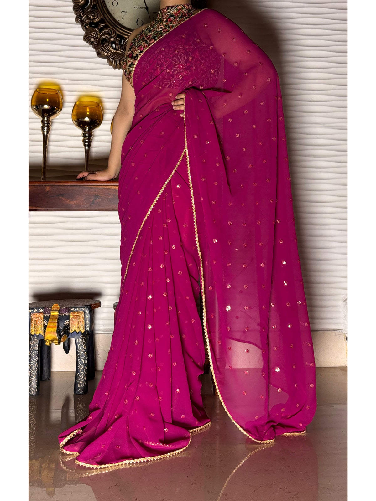 Wine Georgette Sequin Embellished Saree