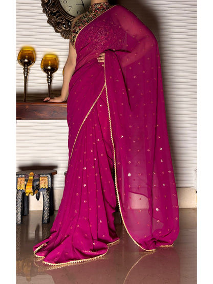 Wine Georgette Sequin Embellished Saree