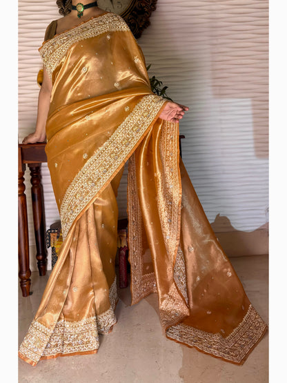 Nazakat Mustard Yellow Pure Tissue Saree For Wedding Reception