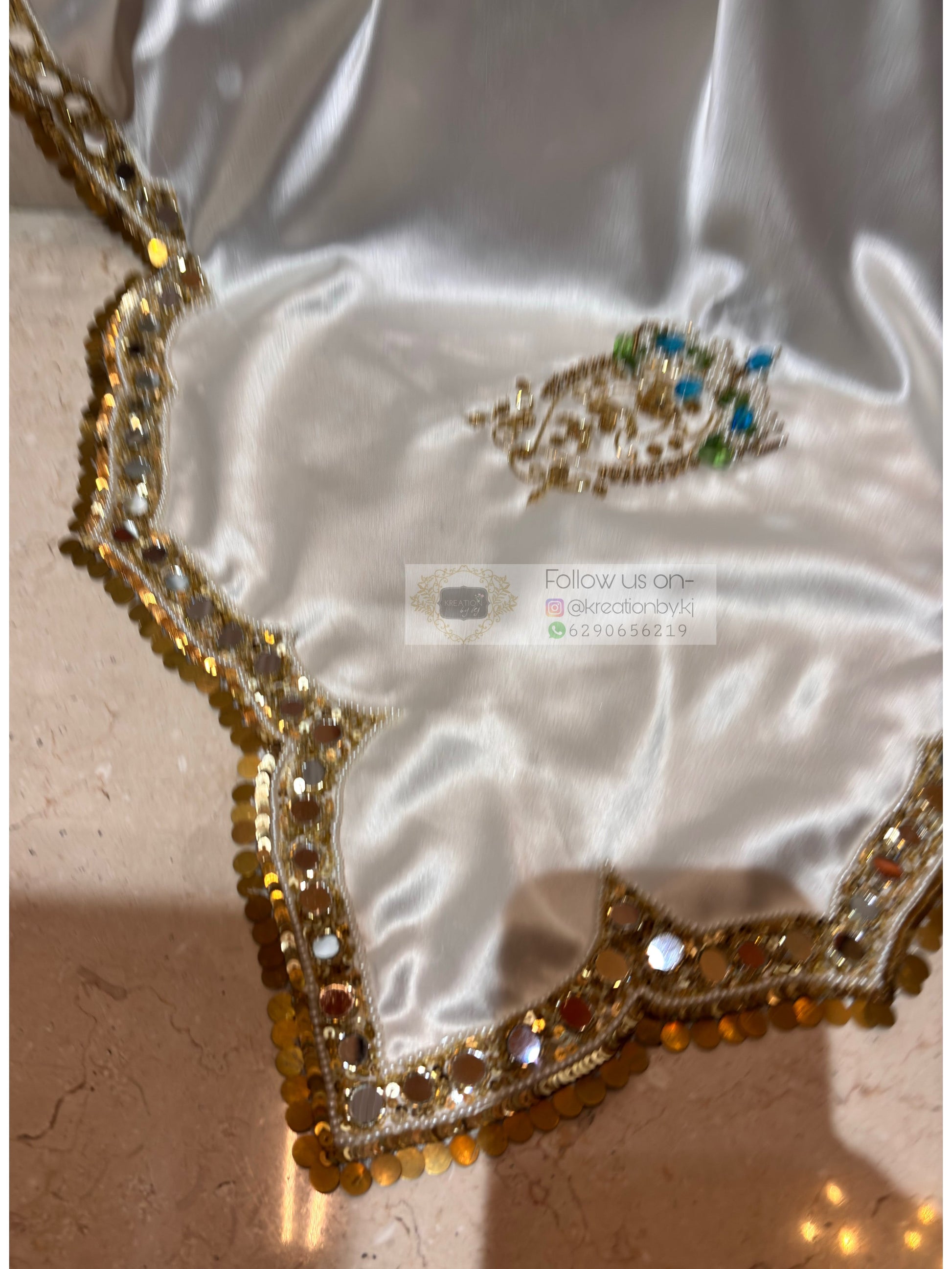 Snow Creme Satin Silk Saree With Real Mirror Work Kreation by KJ
