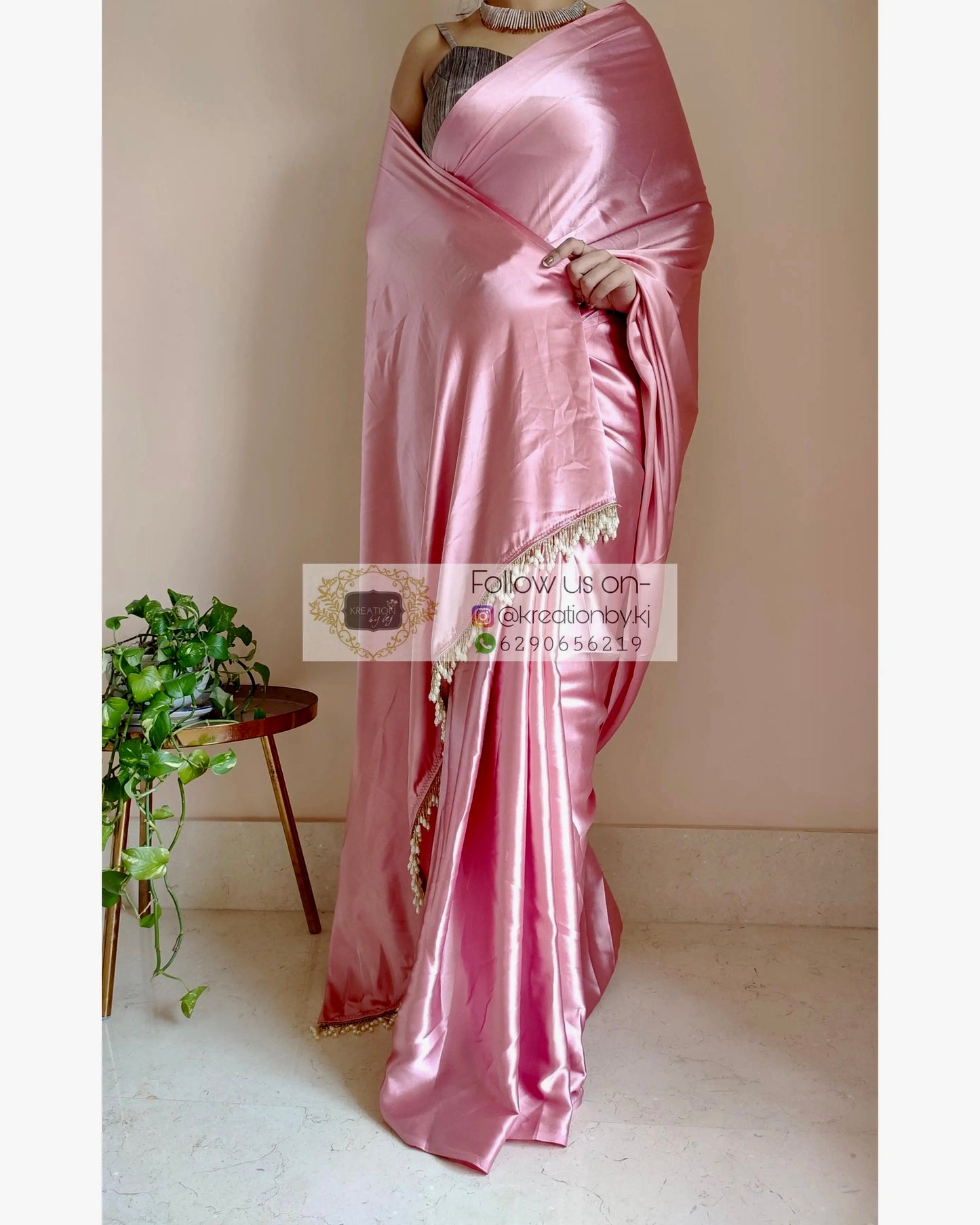 Old Rose Satin Silk Saree With Handmade Tassels On Pallu