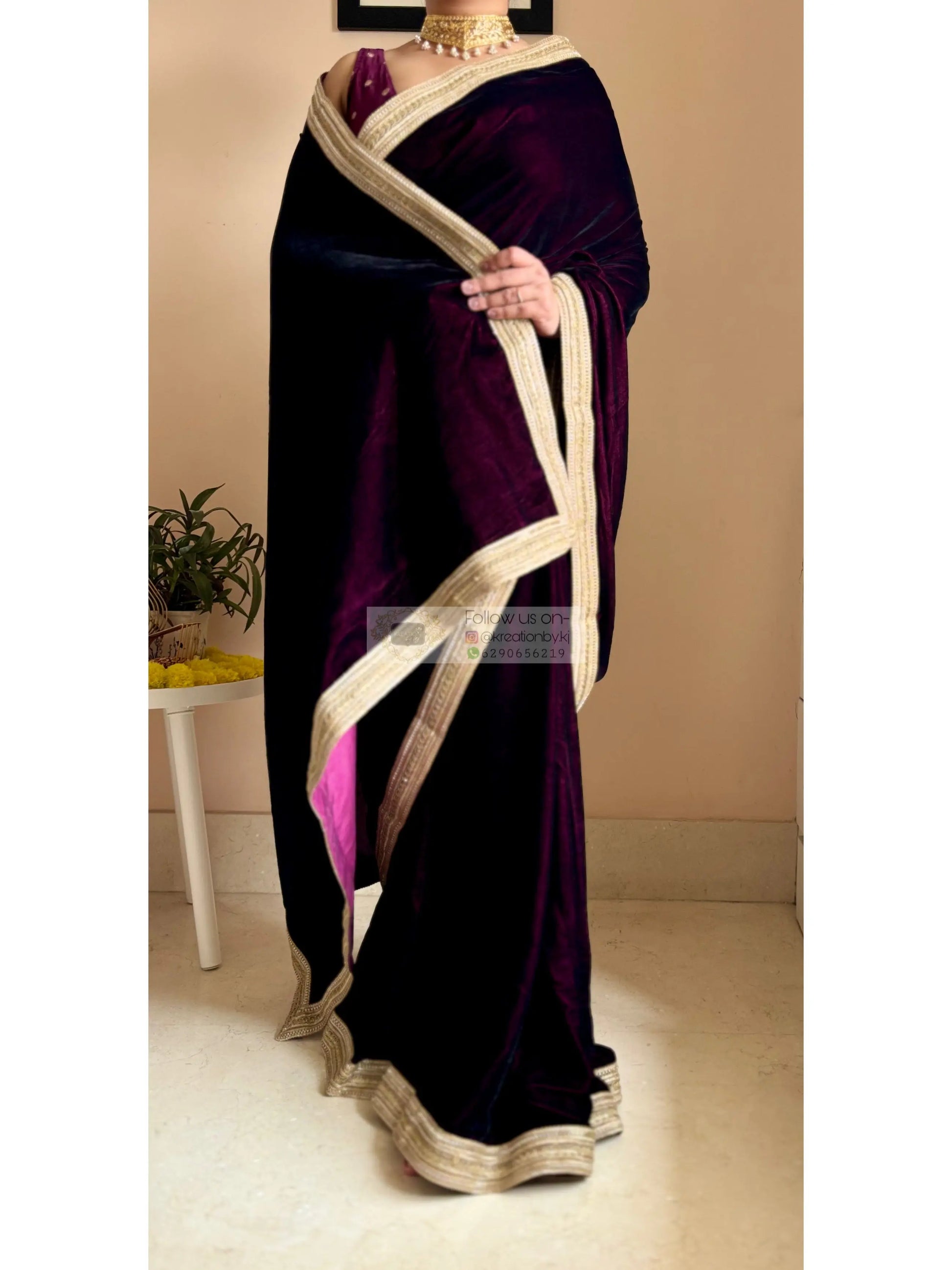 Dark Wine Velvet Saree with Golden Border kreationbykj