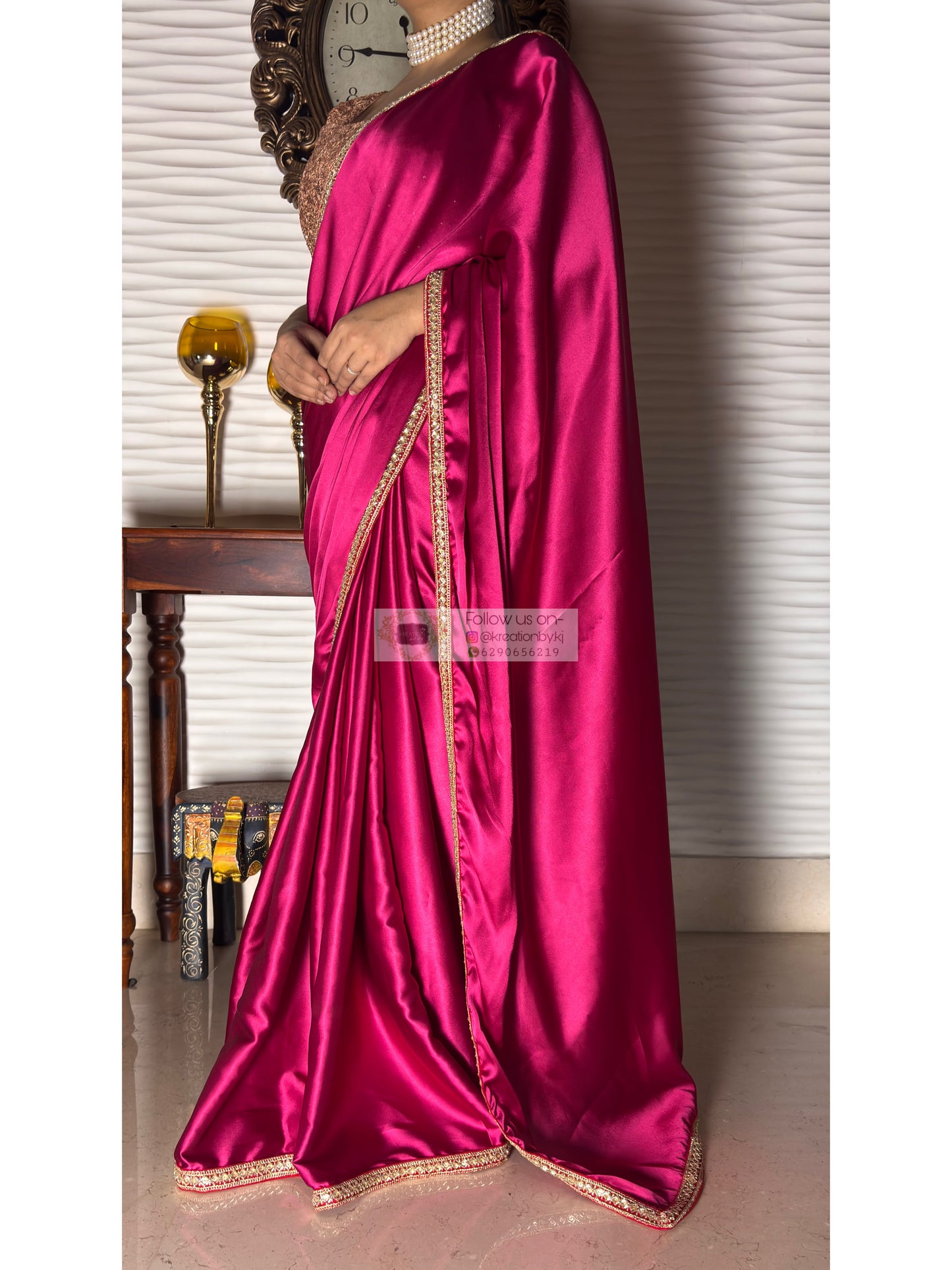Hot Pink Satin Silk Cocktail Saree