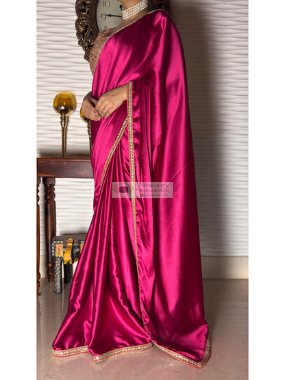 Hot Pink Satin Silk Cocktail Saree
