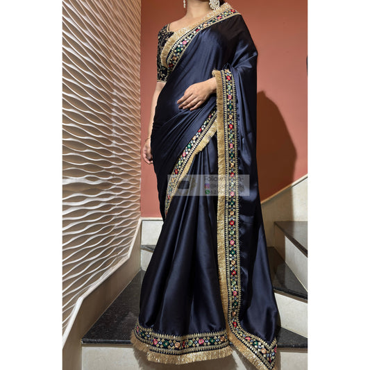 Navy Blue Satin Silk Floral Banno Saree kreationbykj