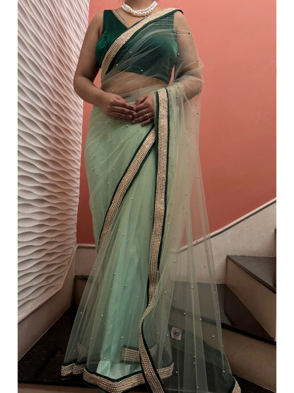 Pistachio Pearl Designer Net Saree With Pearl Border