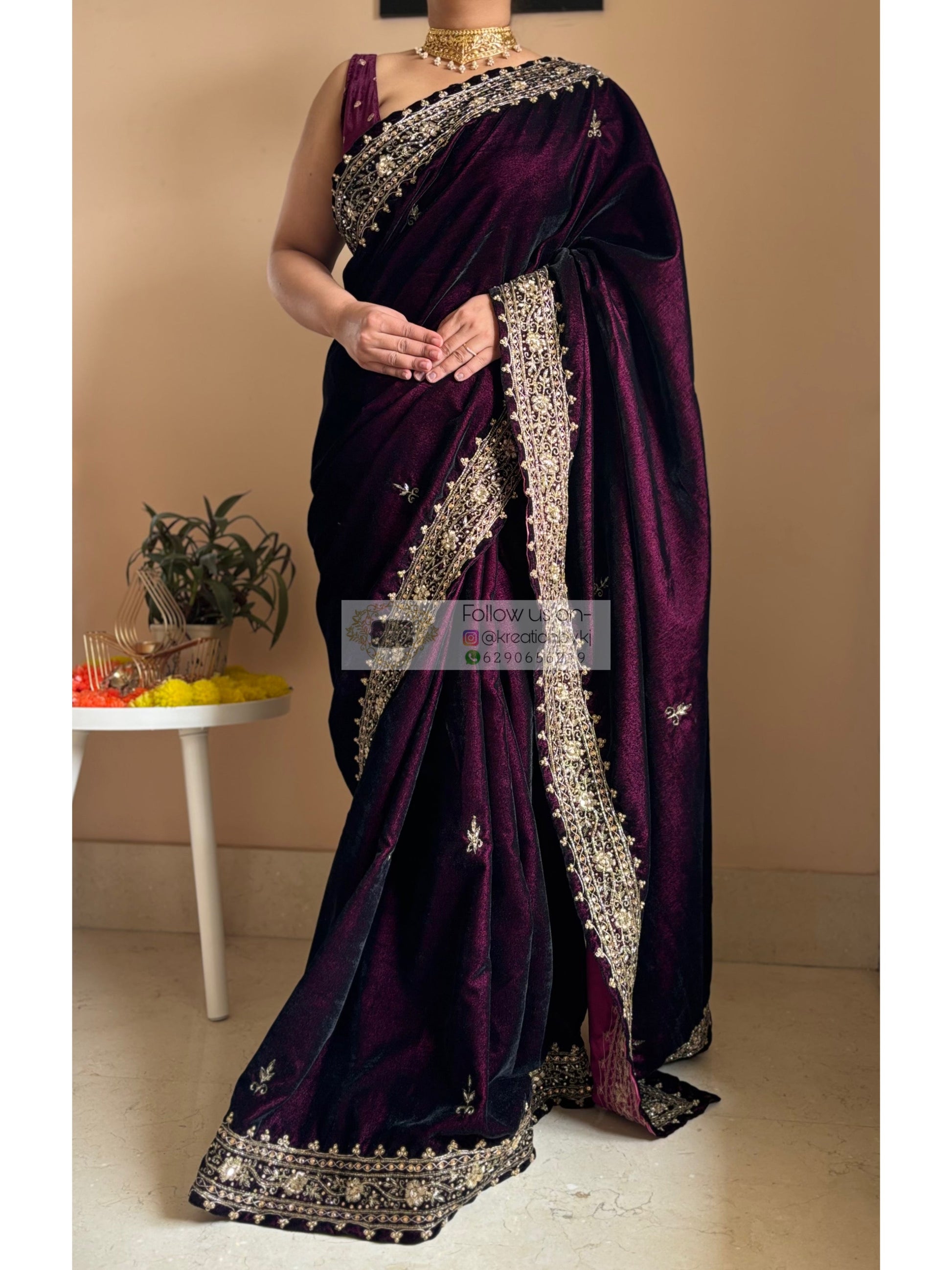 Dark Wine Velvet Zarina Saree Kreation by KJ