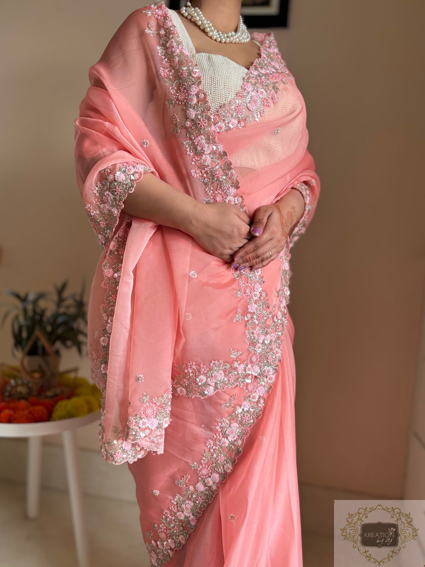 Peach Floral Haze Organza Saree Kreation by KJ