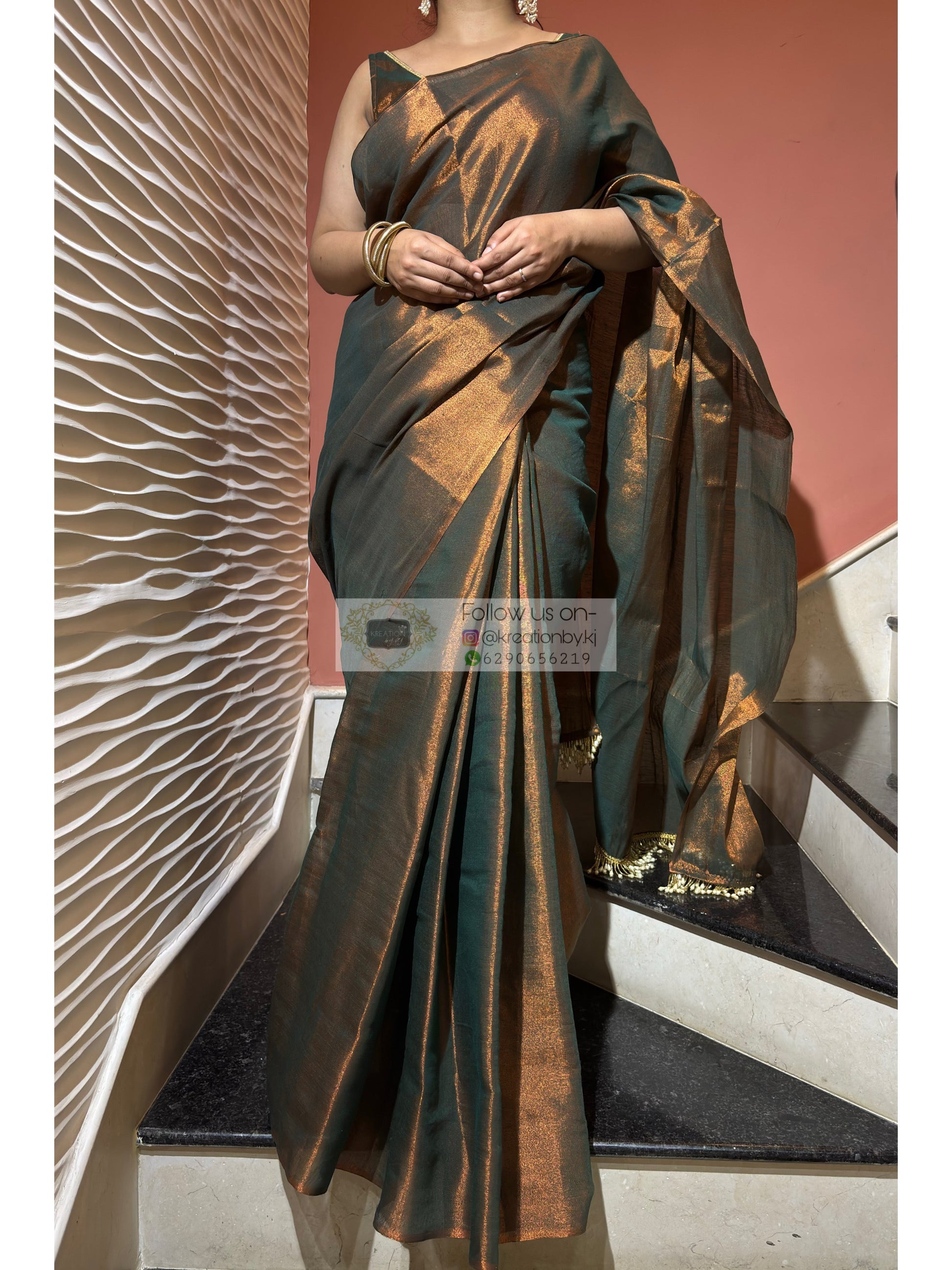 Copper Bronze Cotton Tissue Saree With Tassels in Pallu kreationbykj