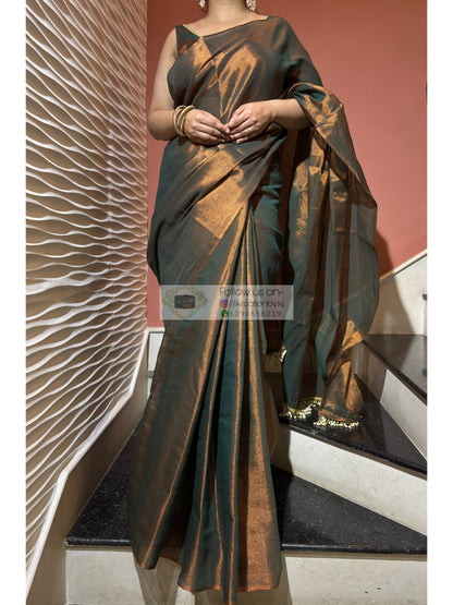 Copper Bronze Cotton Tissue Saree With Tassels in Pallu kreationbykj