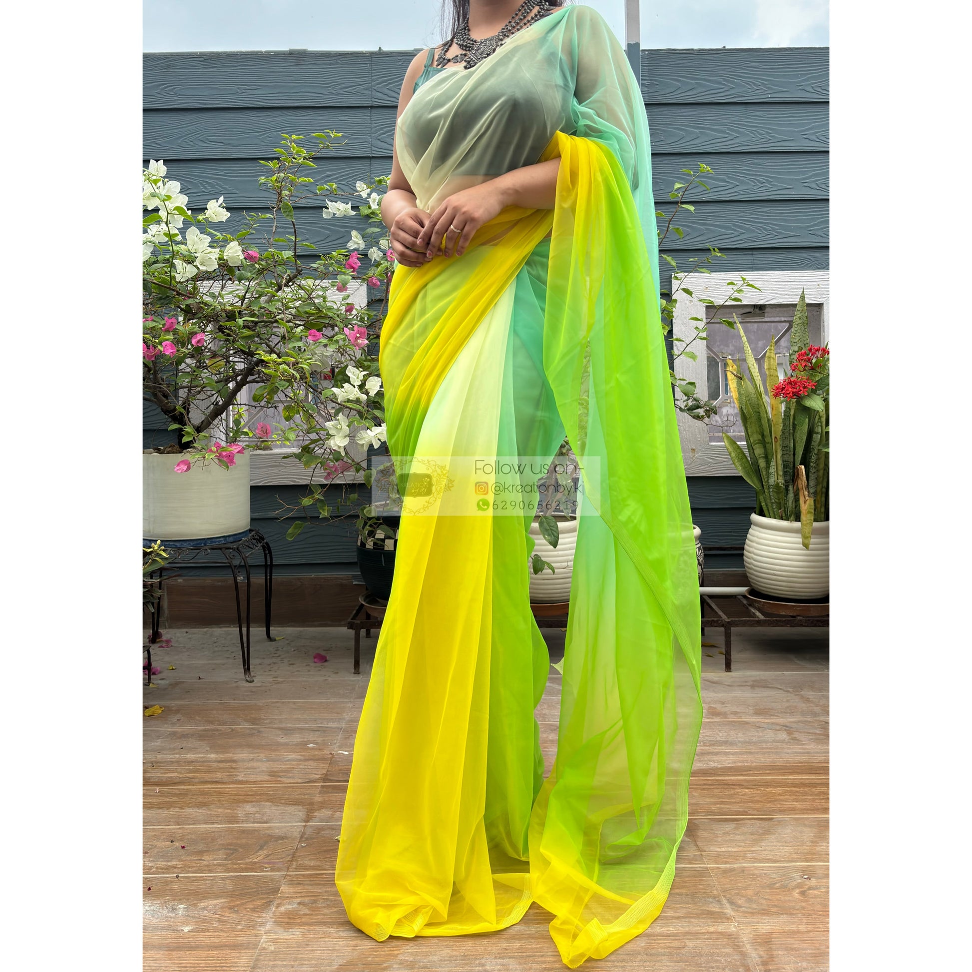 Green and yellow Net Ombre Saree kreationbykj