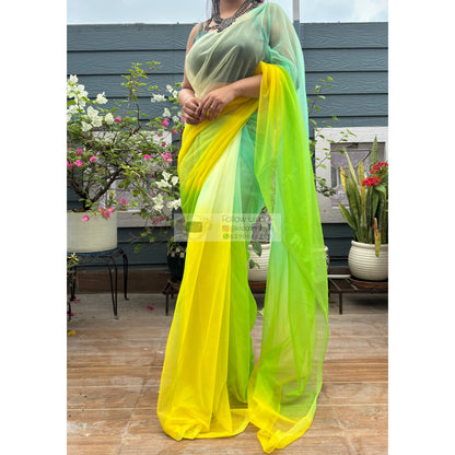 Green and yellow Net Ombre Saree kreationbykj